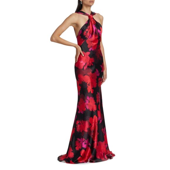 ML Monique Lhuillier Mallory Floral Satin Halterneck Gown US 4 $575 - Picture 2 of 11